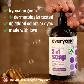 everyone pump and label detail highlighting ingredient transparency and recycled bottle