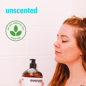 everyone brand pump and label detail highlighting unscented ingredient clarity