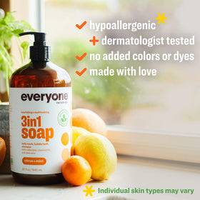 everyone bottle in shower being used to wash hair and body for convenience