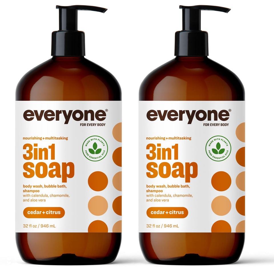 Everyone Cedar & Citrus front packaging shows two large bottles and sustainable benefit
