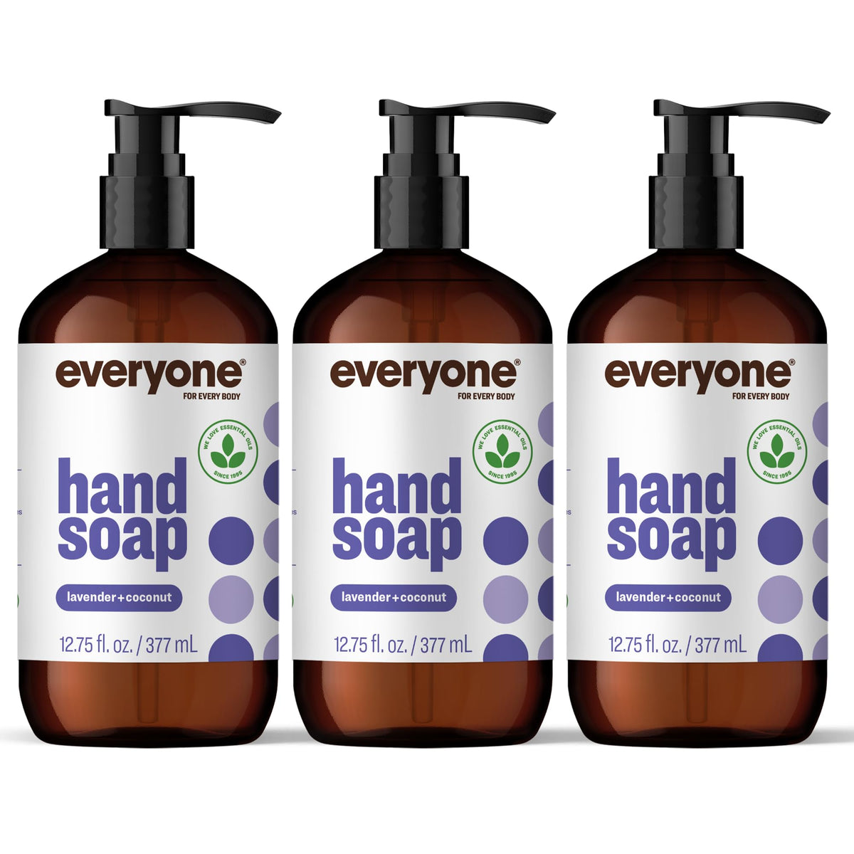 everyone brand front packaging showing three lavender coconut bottles and clear label benefit