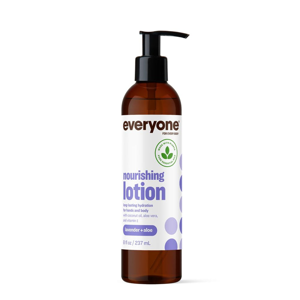 Everyone front packaging showing bottle and lavender, soothing travel-size benefit