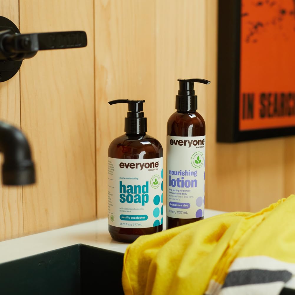 Everyone bottle on bathroom shelf styling conveying everyday calming routine