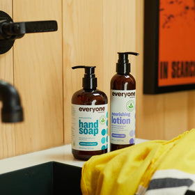 Everyone bottle on bathroom shelf styling conveying everyday calming routine