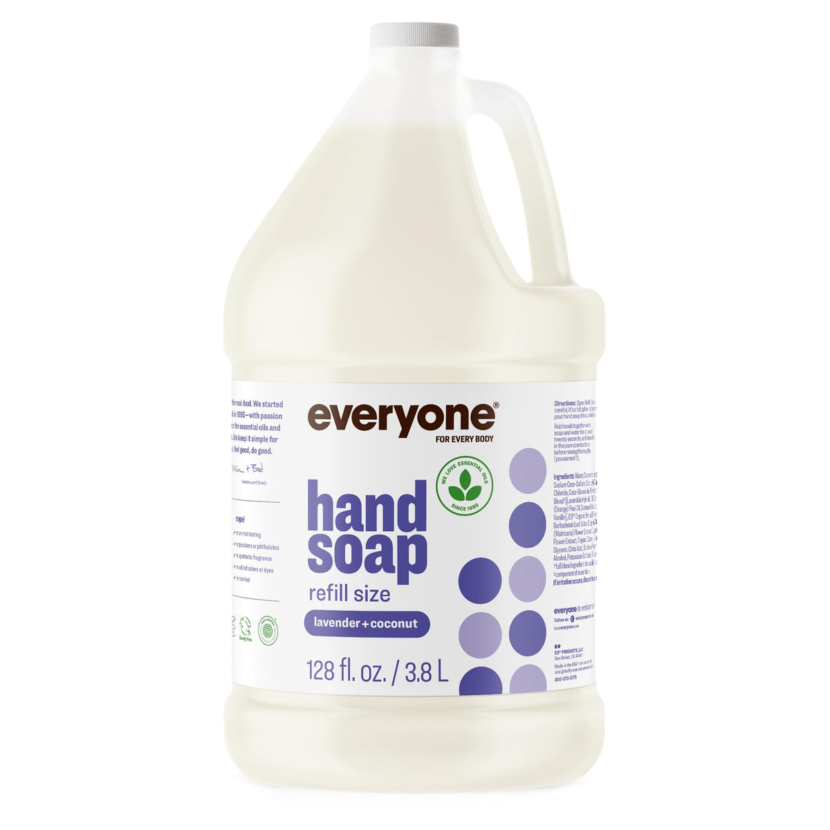 Everyone lavender and coconut gallon bottle front view showing label and recycled plastic benefit