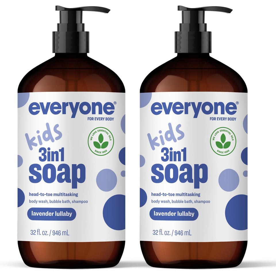 Everyone lavender lullaby front packaging showing two 32 ounce bottles and label, convenient storage