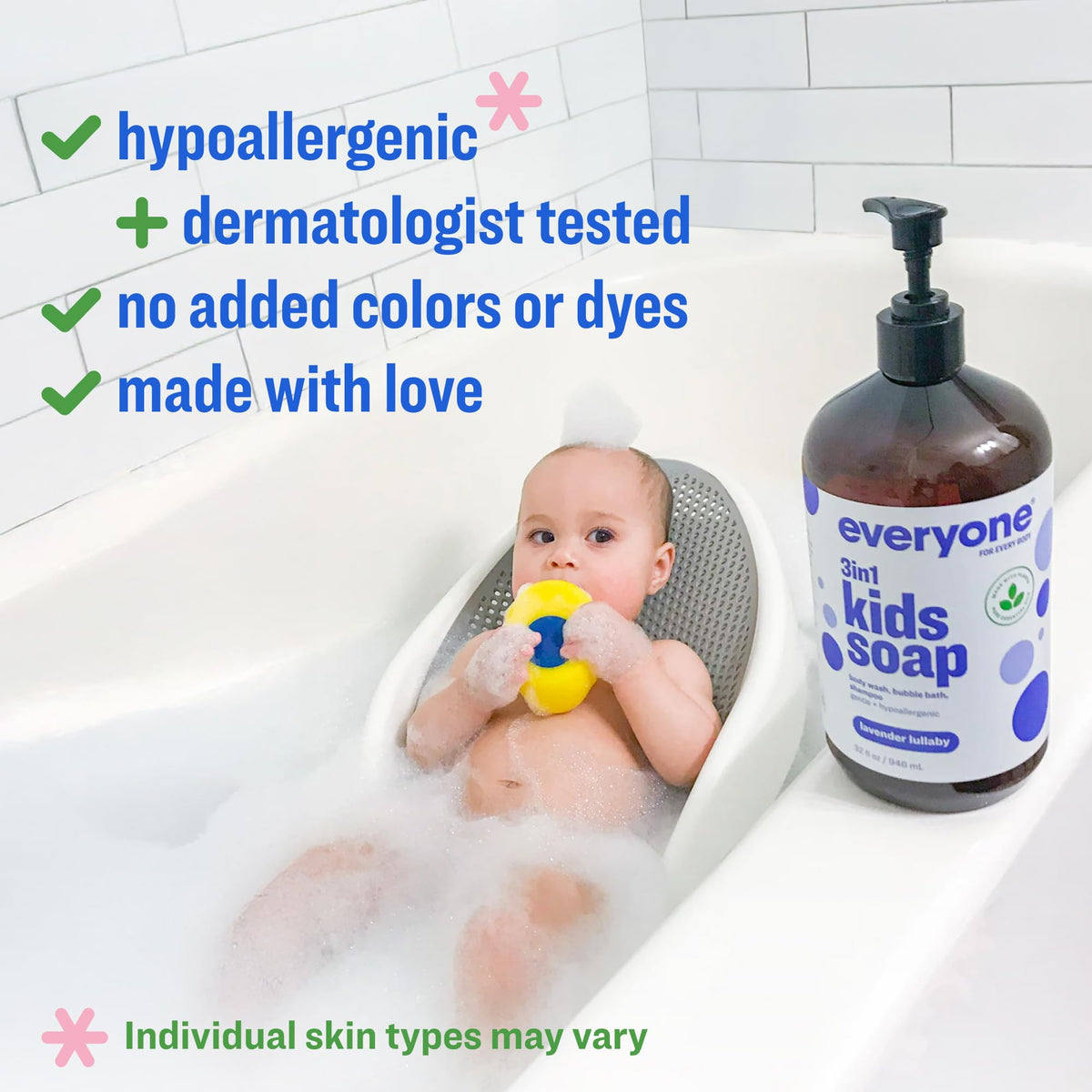 Everyone lavender lullaby pump detail displaying easy one-handed dispensing, quick bath prep