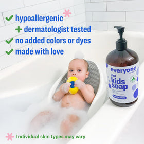 Everyone lavender lullaby pump detail displaying easy one-handed dispensing, quick bath prep