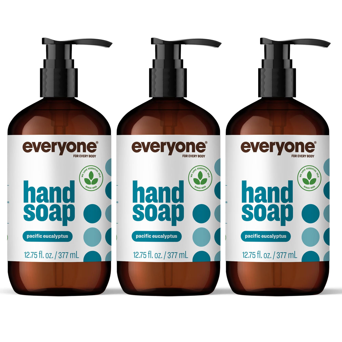everyone front pack of three bottles showing recyclable packaging and scent