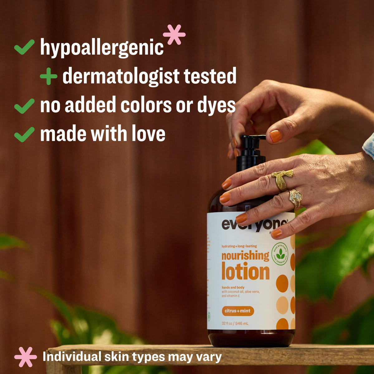 everyone pump close-up showing lotion texture and quick-absorb benefit