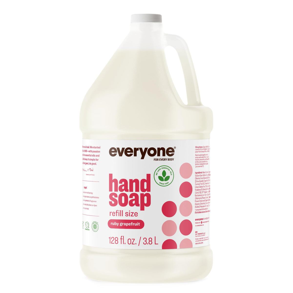 everyone ruby grapefruit gallon bottle front view and clear label, eco-friendly refill benefit