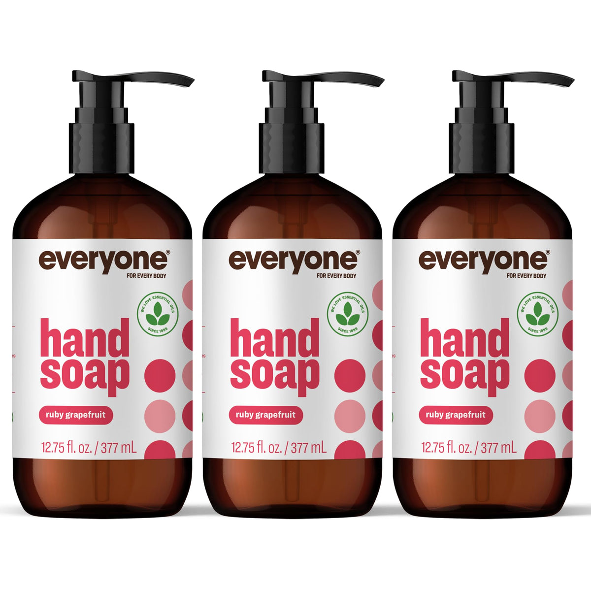 everyone ruby grapefruit front packaging showing three recyclable bottles and bright label benefit: eco-friendly refill