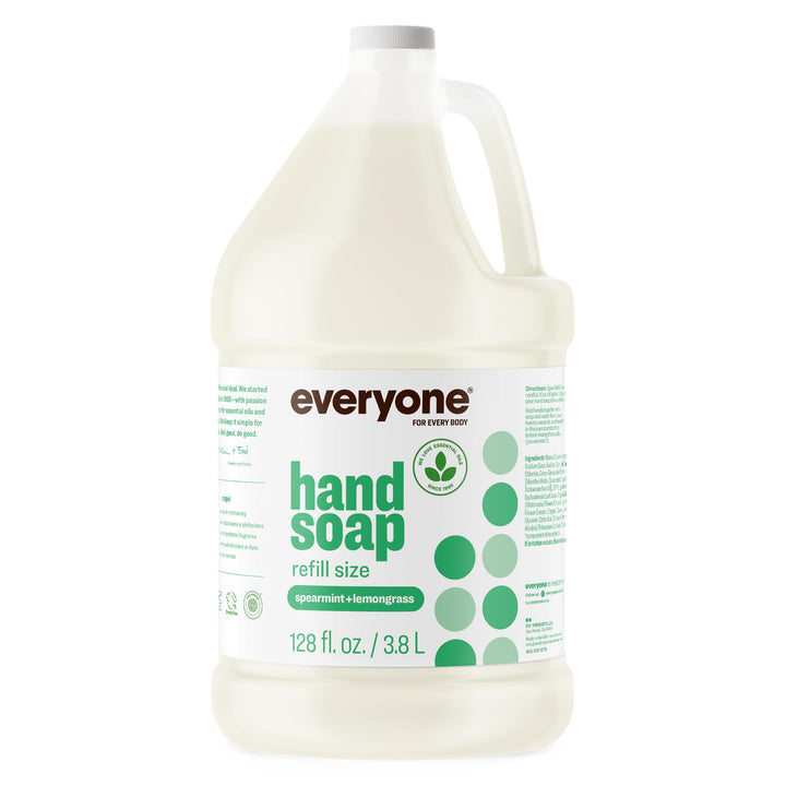 Everyone spearmint and lemongrass front packaging shows scent and gallon size benefit