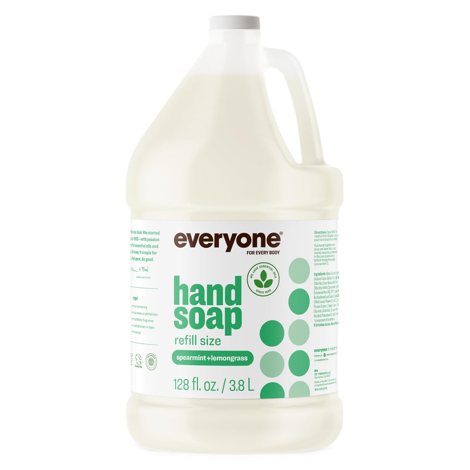 Everyone spearmint and lemongrass front packaging shows scent and gallon size benefit