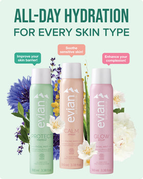 BRUMISATEUR Evian Calm being misted onto cheeks after cleansing to soothe