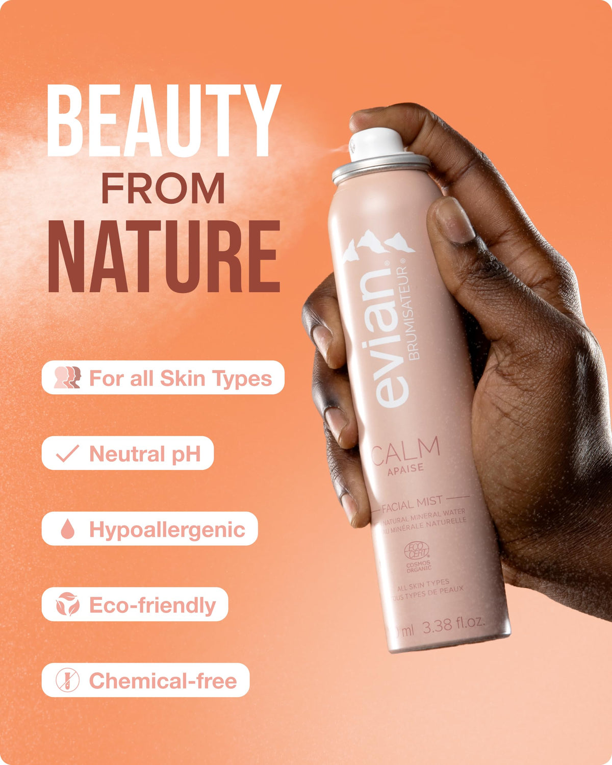 BRUMISATEUR Evian Calm ingredients display with aloe and jasmine for soothing