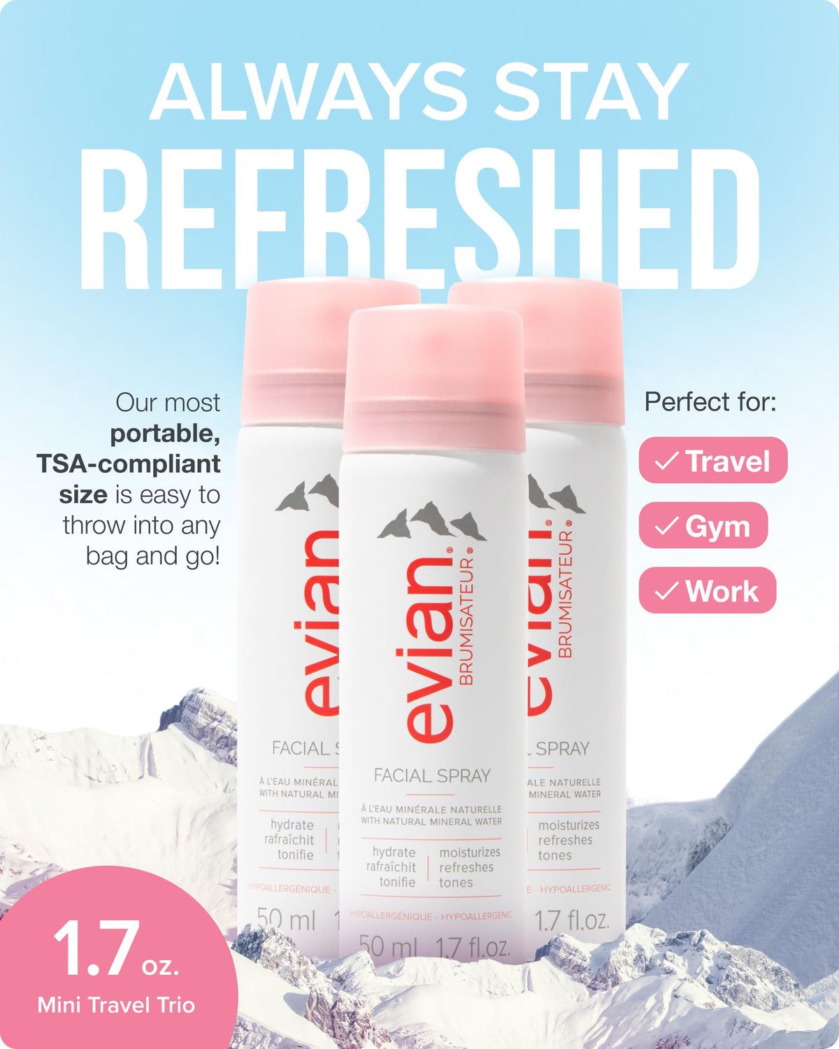 BRUMISATEUR evian close-up of nozzle delivering ultra-fine mist for even coverage