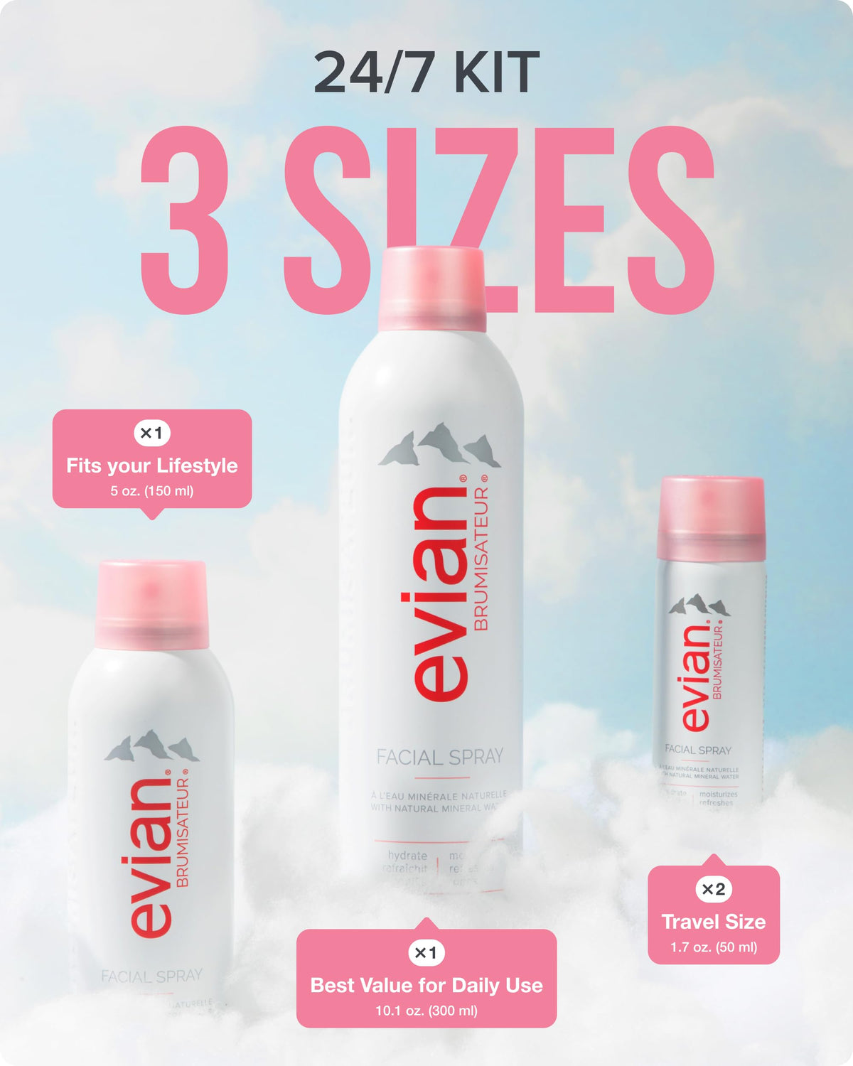 BRUMISATEUR Evian label and bottle texture highlighting mineral water purity