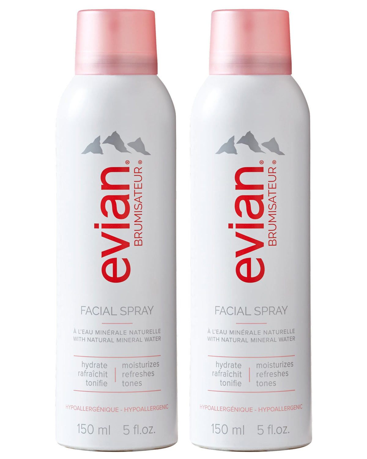 Evian facial spray front packaging shows twin-pack hydration benefit