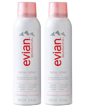 Evian facial spray front packaging shows twin-pack hydration benefit