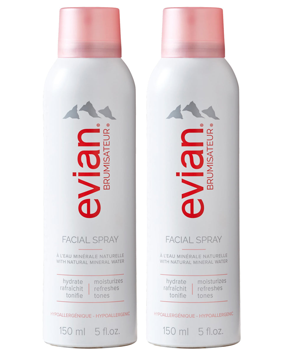 Evian facial spray front packaging shows twin-pack hydration benefit