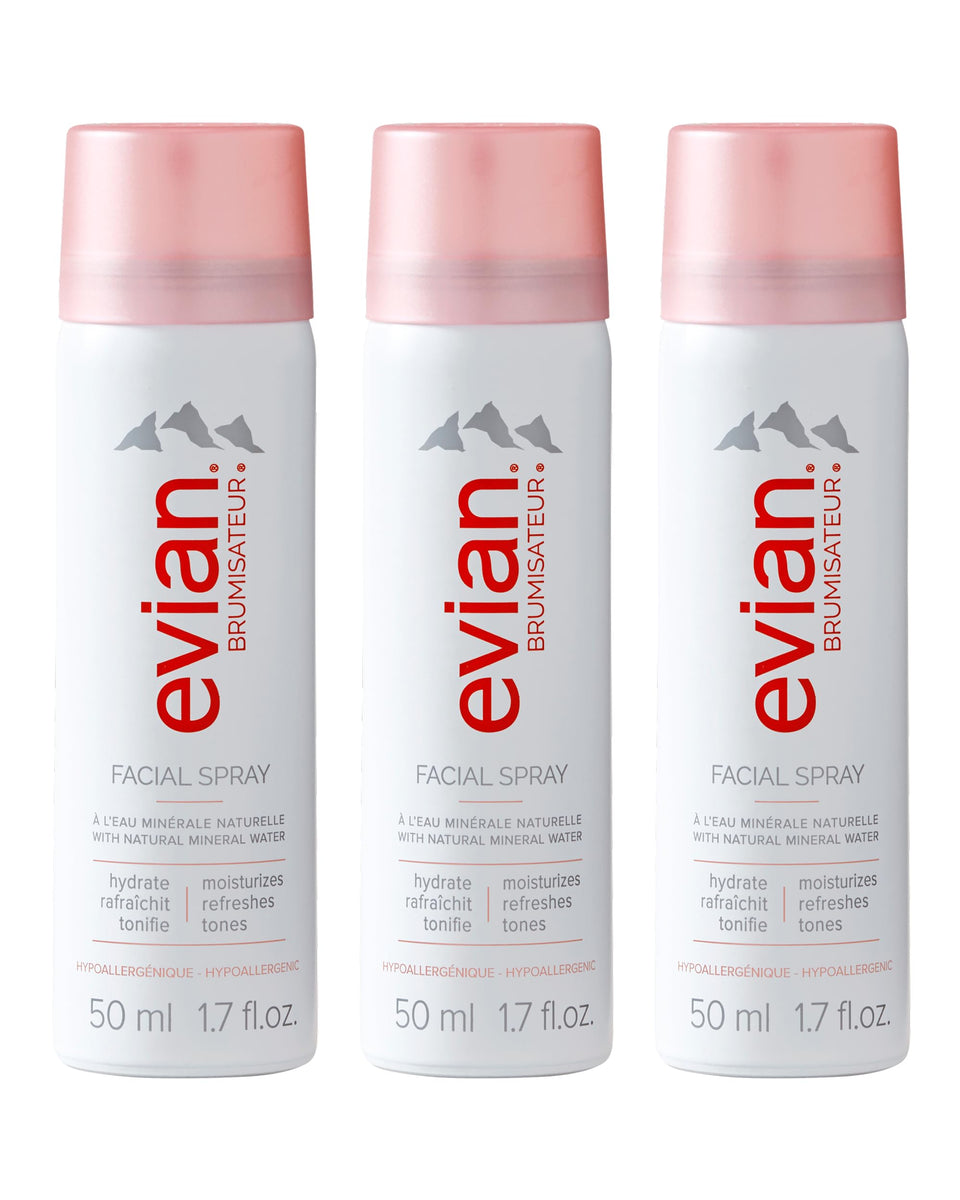 BRUMISATEUR evian front packaging trio showing travel-ready cans and convenience