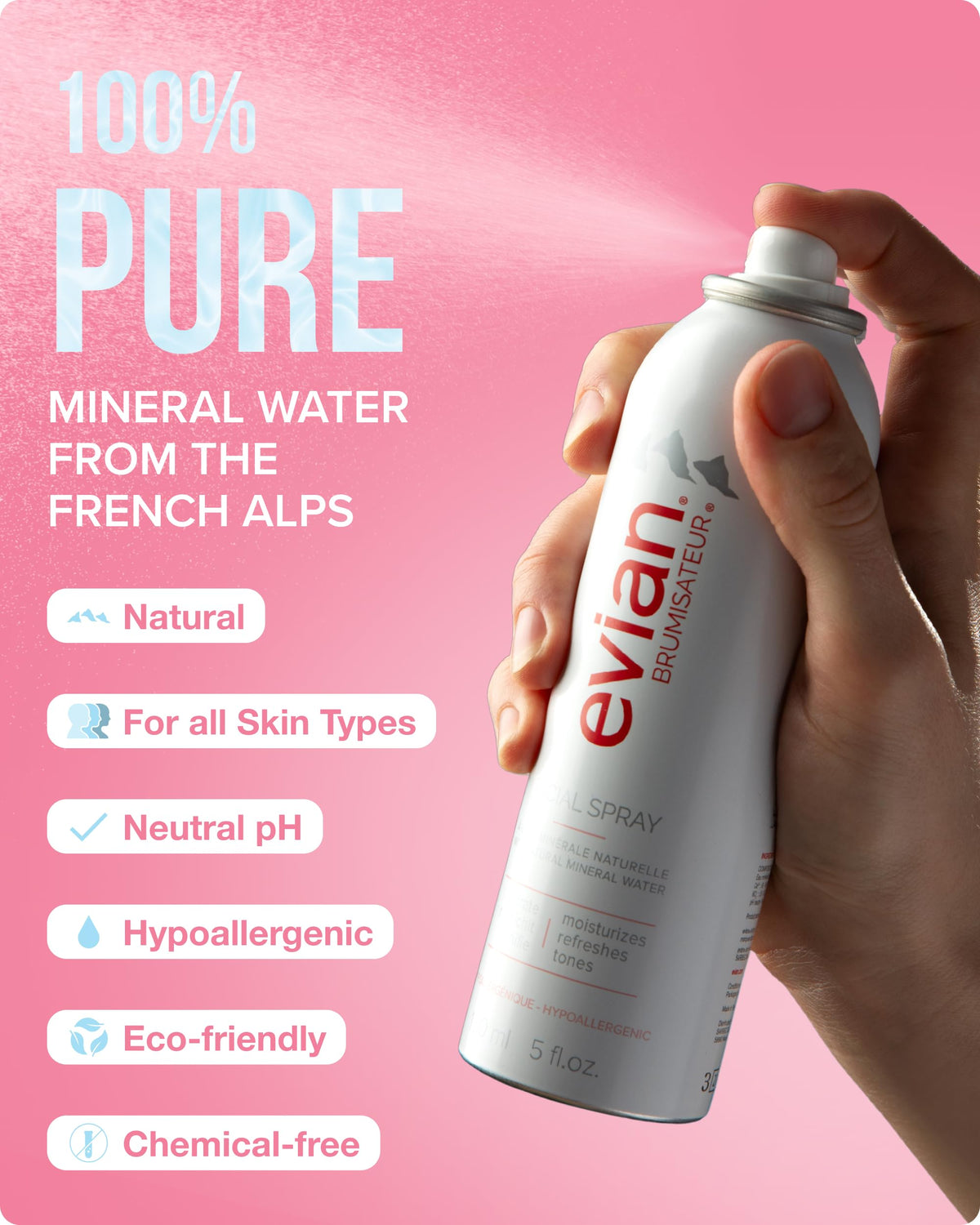 Evian can held in hand shows 5 oz travel-friendly size