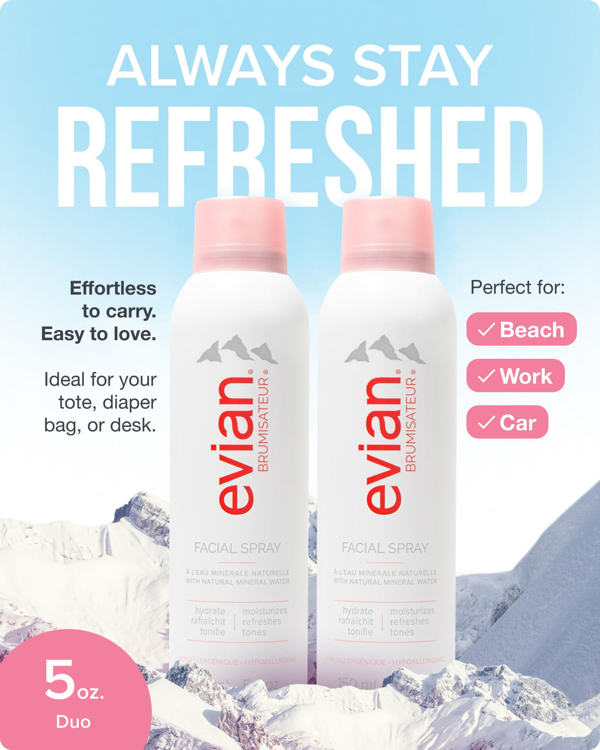 Evian closeup nozzle releasing mist for even skin coverage