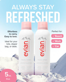 Evian closeup nozzle releasing mist for even skin coverage