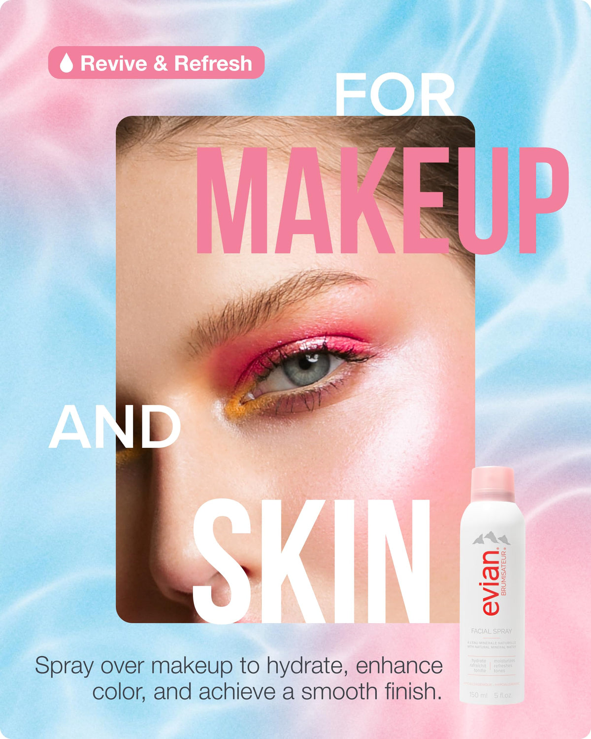 Evian spray being used over makeup to refresh and set