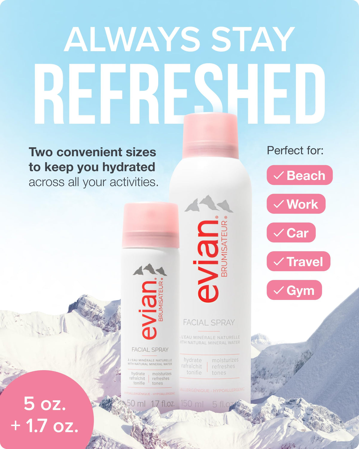BRUMISATEUR Evian travel-size 1.7 oz bottle displayed for TSA-approved travel