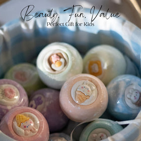 EvolutionUSA close-up of a single bath bomb texture and floral detail for gentle fizz