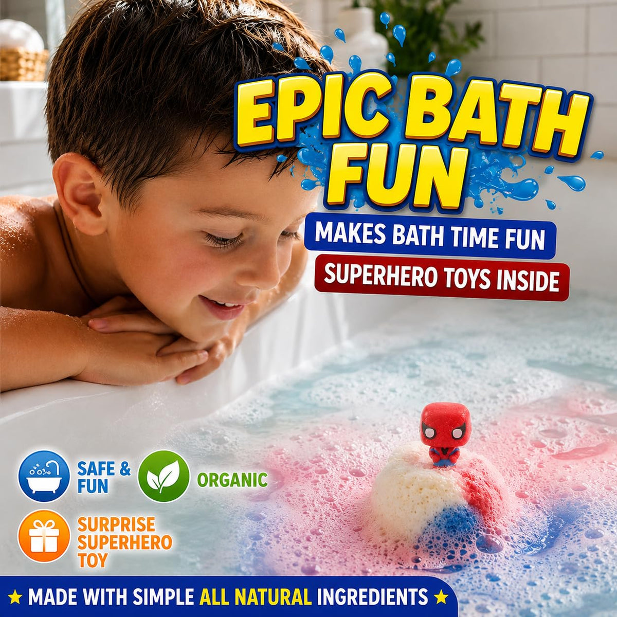 EvolutionUSA bath bomb fizzing in tub with bright color, engaging long-lasting play