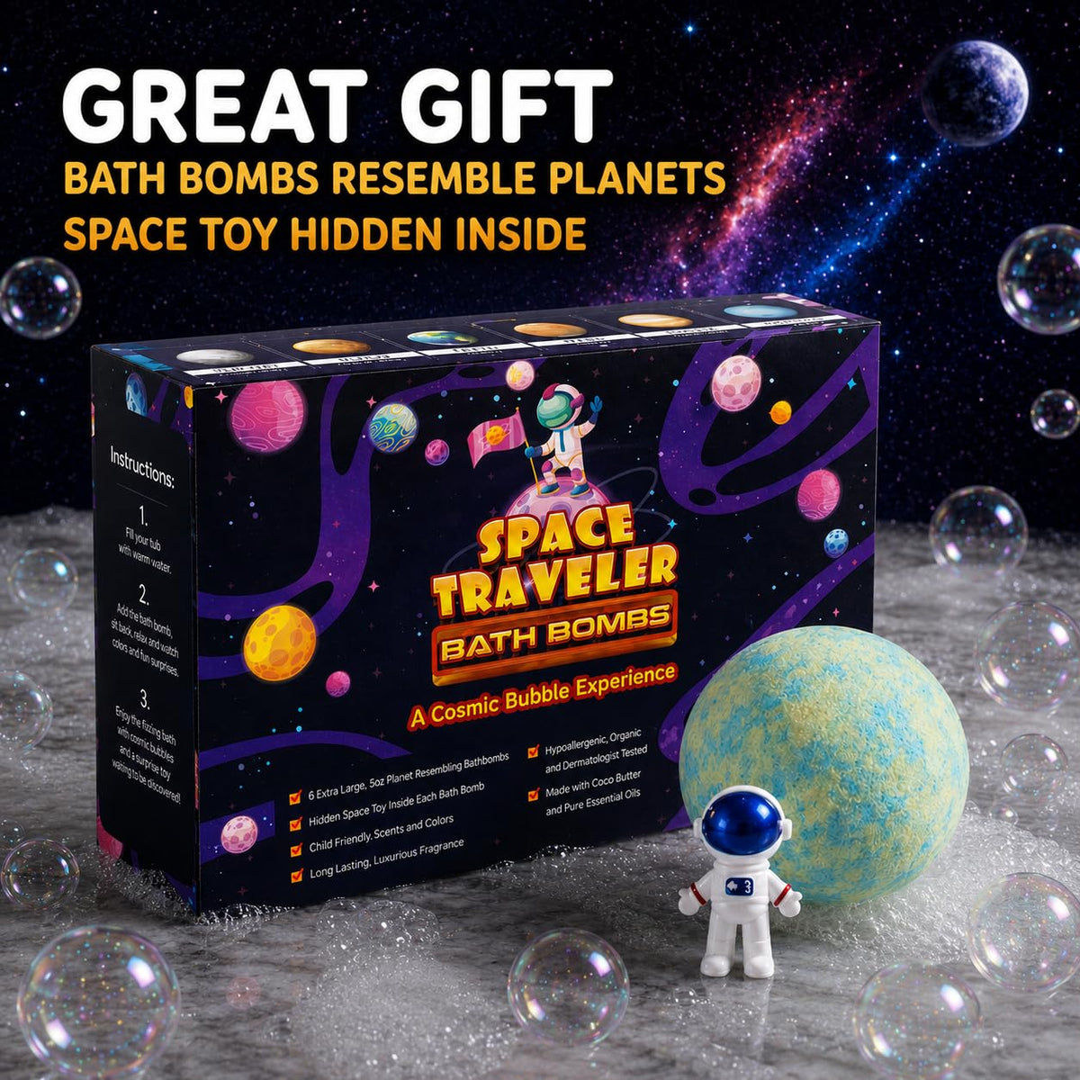 EvolutionUSA fizzing bath bomb in water demonstrating vibrant colors and fun