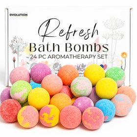 EvolutionUSA front box of 24 mini bath bombs showing colorful gift-ready set and variety