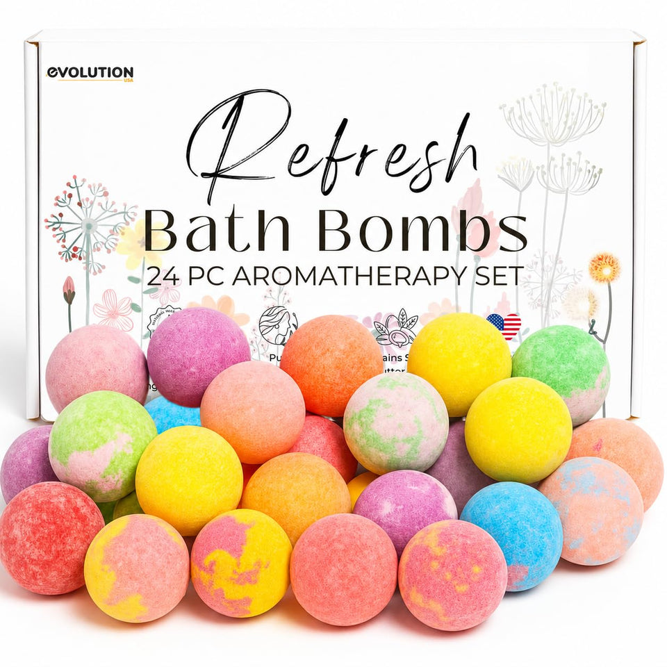 EvolutionUSA front box of 24 mini bath bombs showing colorful gift-ready set and variety