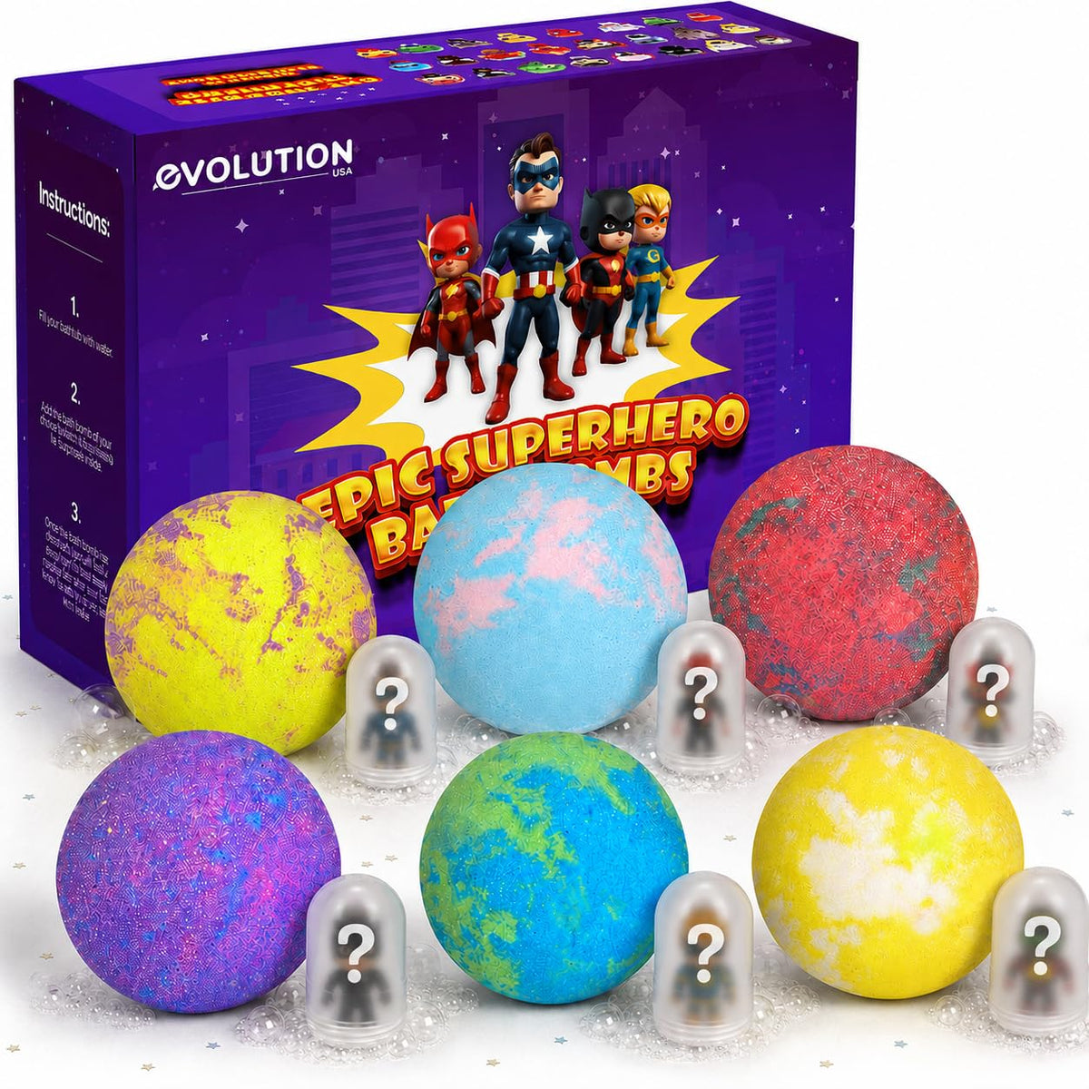 EvolutionUSA front packaging showing six purple superhero bath bombs and branding benefit