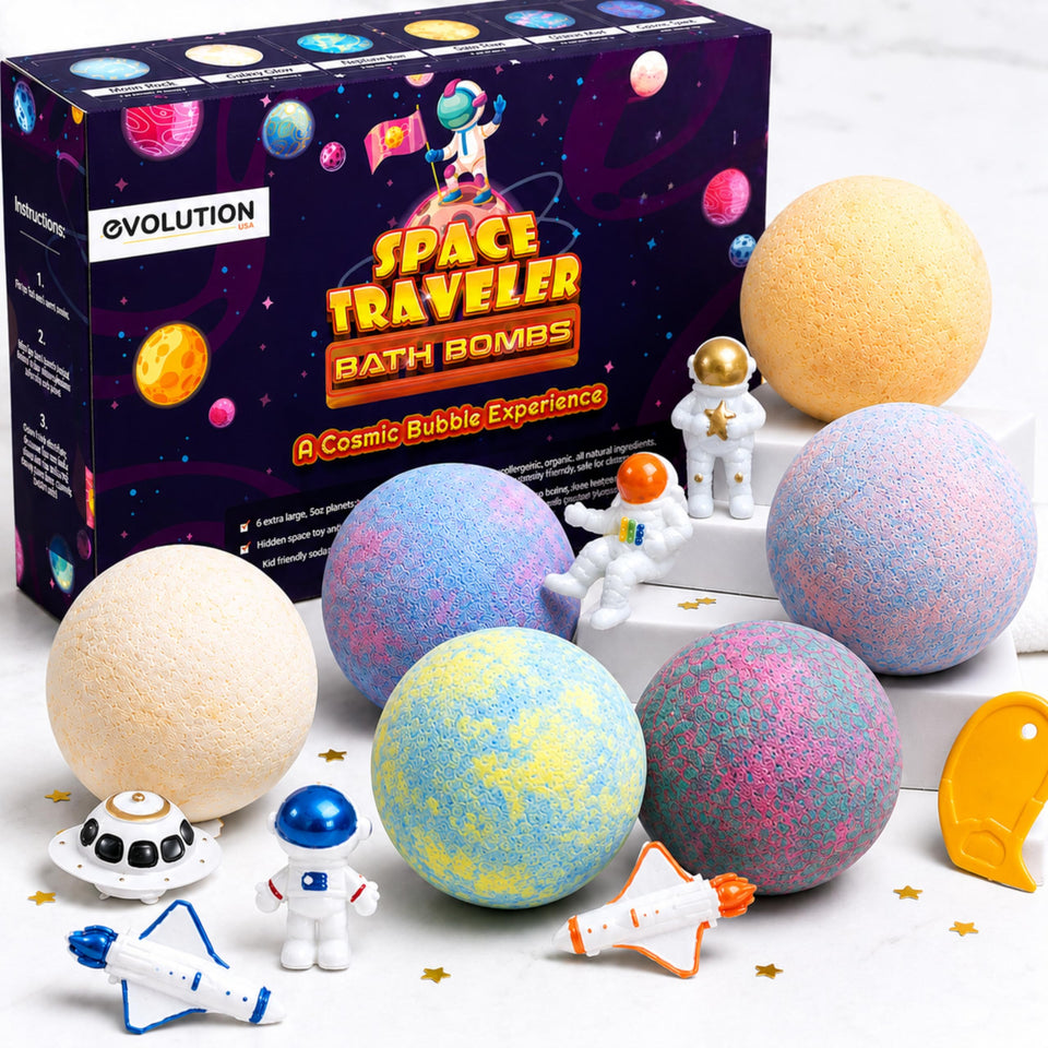 EvolutionUSA front packaging showing six planet bath bombs and branding benefit play