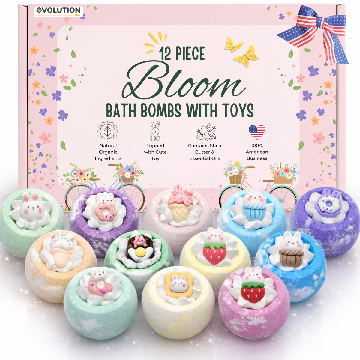 EvolutionUSA front packaging showing 12 colorful bath bombs and toys benefit excitement