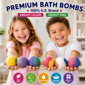 EvolutionUSA hand holding extra-large bath bomb to show scale and long fizz time