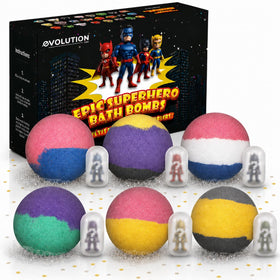 EvolutionUSA pack front view showing six superhero bath bombs and toys, great gift