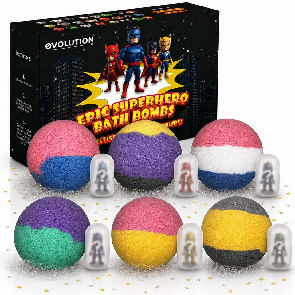 EvolutionUSA pack front view showing six superhero bath bombs and toys, great gift