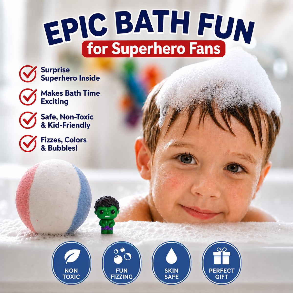 EvolutionUSA reveal of collectible superhero toy emerging from dissolved bath bomb, surprise delight