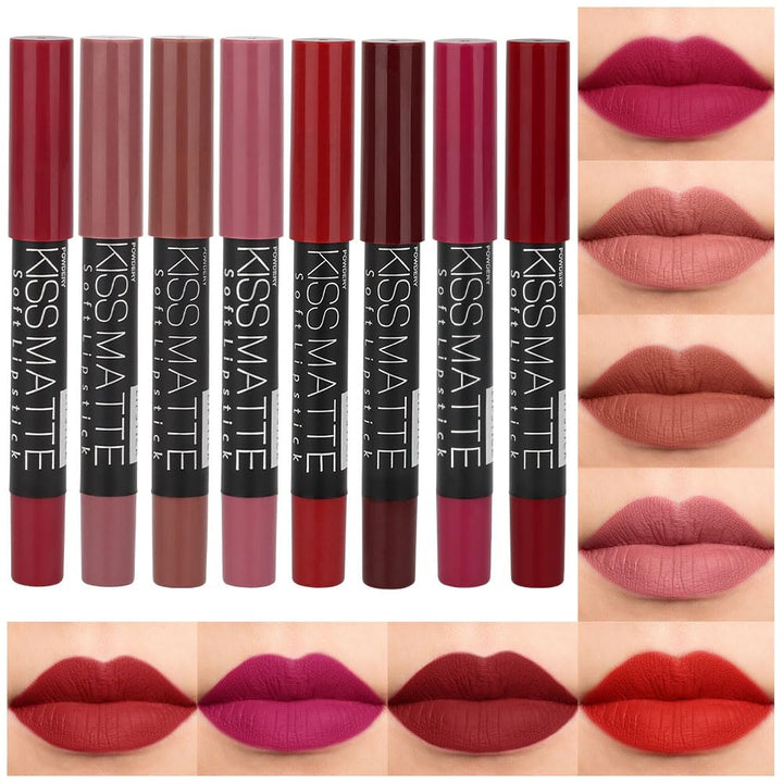 evpct front packaging showing eight matte lipstick and crayon shades, great for gifting