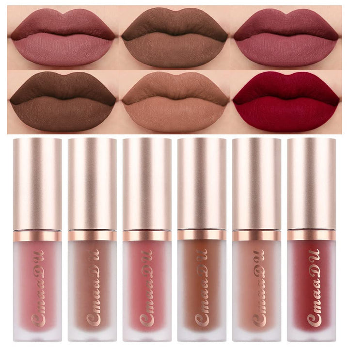 evpct front packaging showing six matte liquid lipsticks and organized display, clear selection benefit