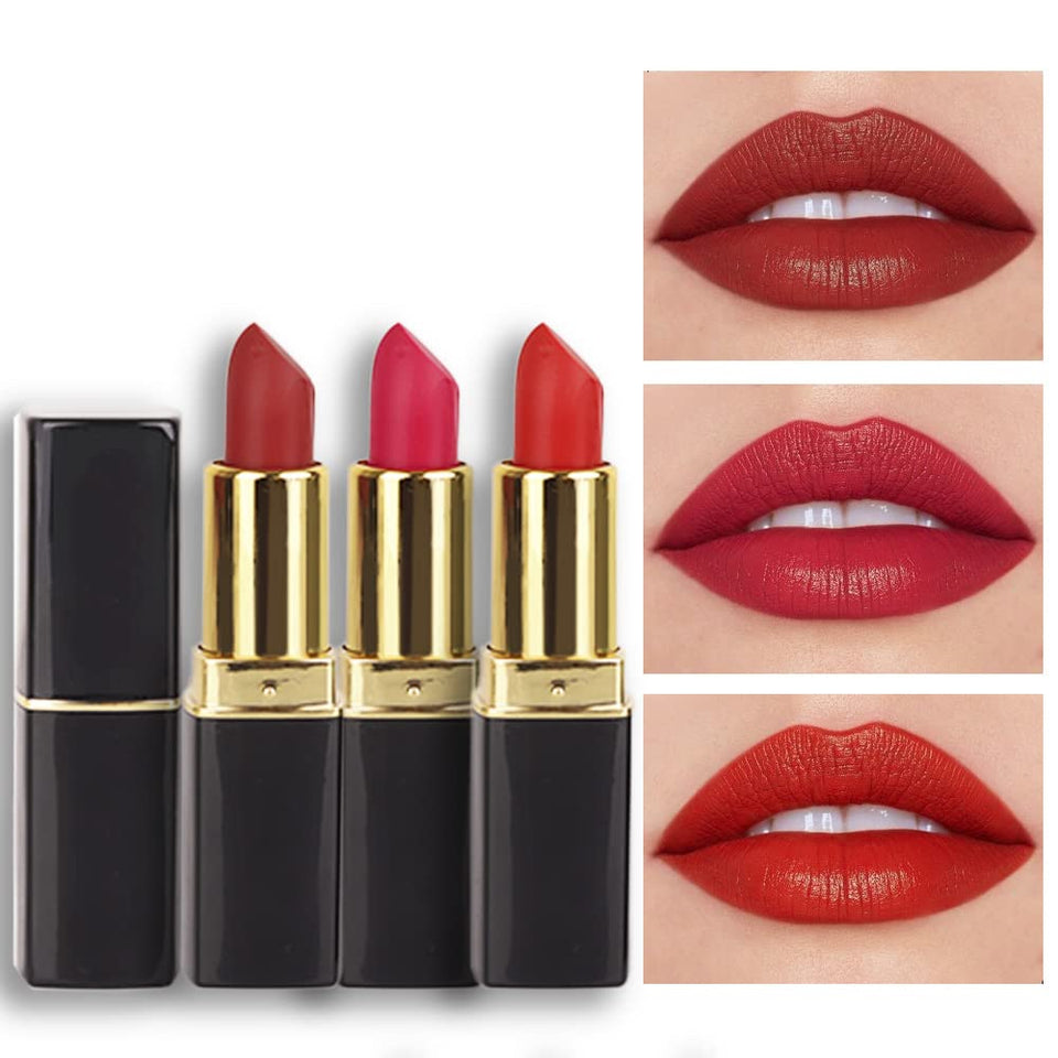 evpct front packaging trio showing three matte red shades and gift-ready box