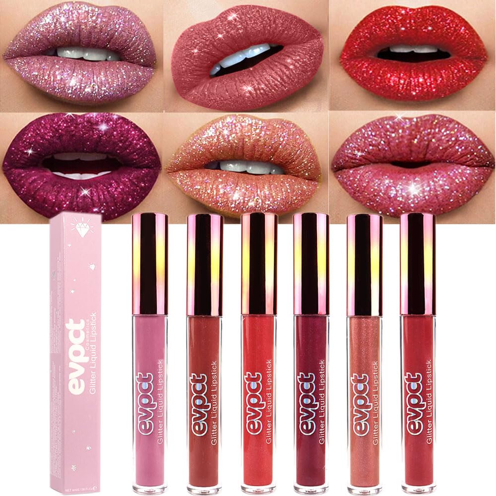 evpct front packaging showing six glitter and metallic lip glosses, ideal gift