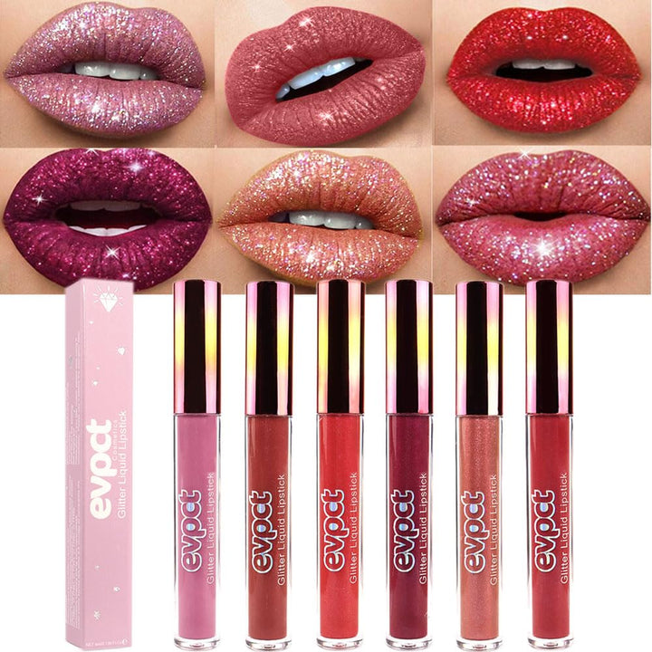 evpct front packaging showing six glitter and metallic lip glosses, ideal gift