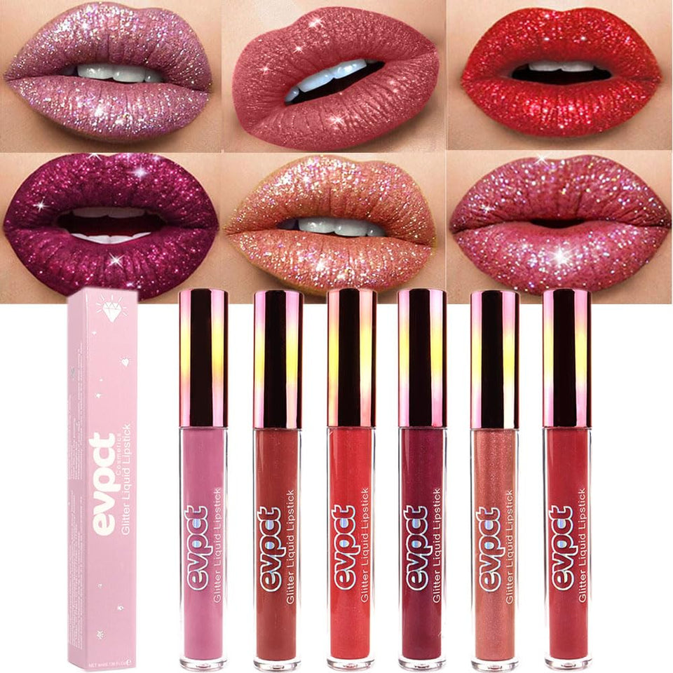 evpct front packaging showing six glitter and metallic lip glosses, ideal gift