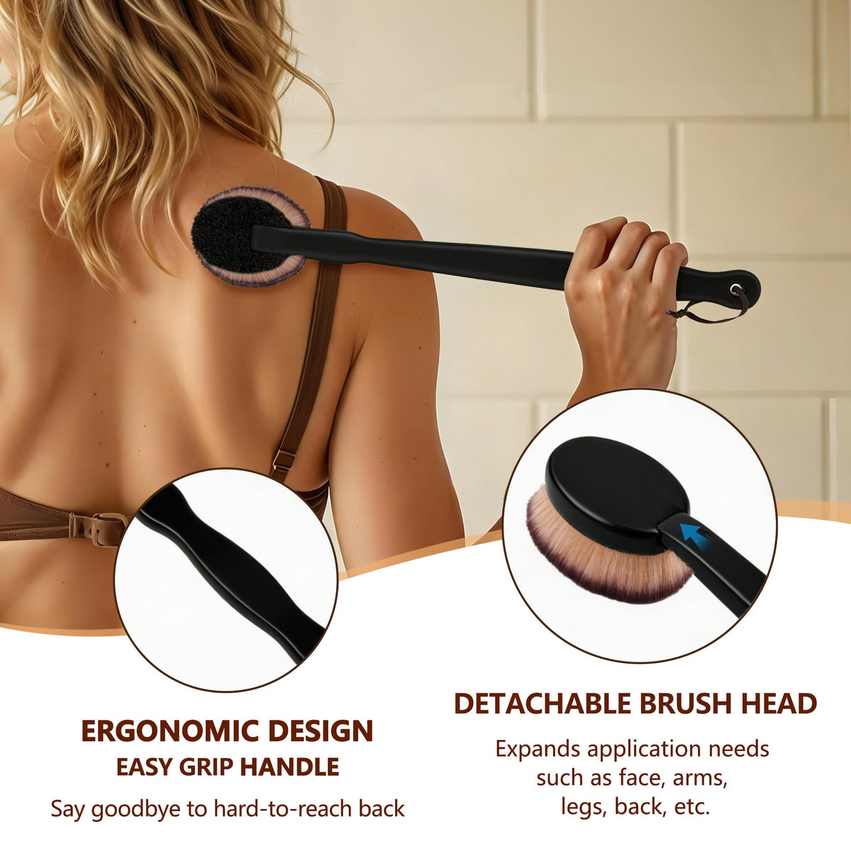 EVYTTA long-handle back brush in use reaching lower back easily